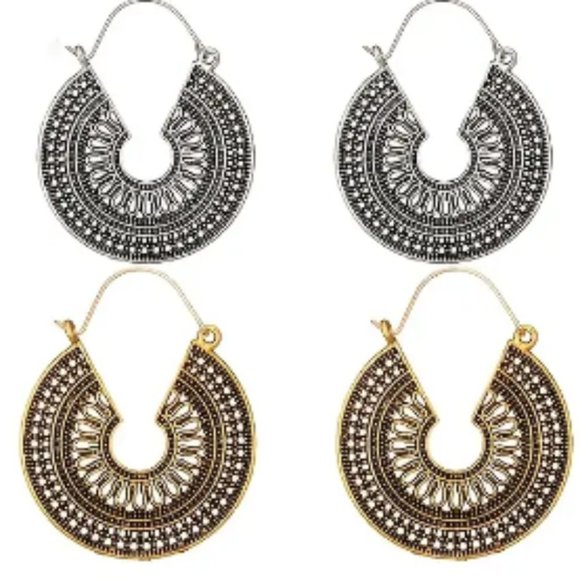2/$10 NWOT Big Beautiful Filigree Open work Boho earrings Bold Hoop earrings - Picture 2 of 6